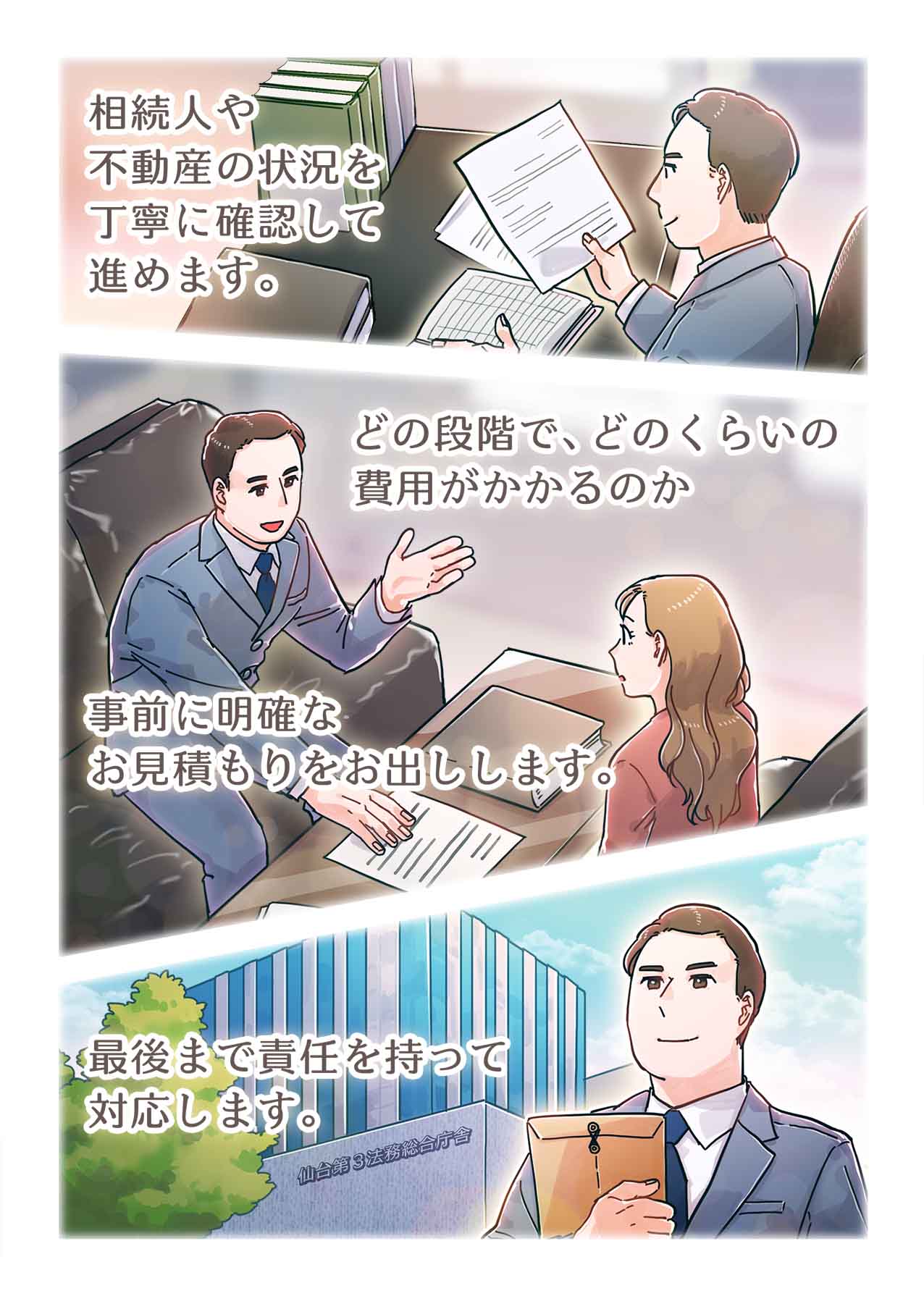 相続人・不動産の状況を丁寧に確認し、明確な見積もりを出し、最後まで責任を持って対応する司法書士のマンガ